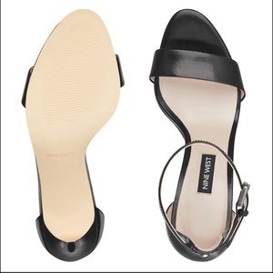 NINE WEST Mana Ankle Strap Sandals-Black Leather 8M Heel Height 3.5”